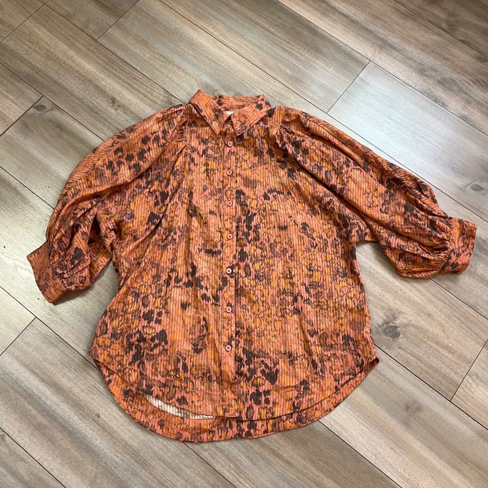 Maeve Anthropologie Orange Abstract Puff Sleeve Button Down Blouse S A-11